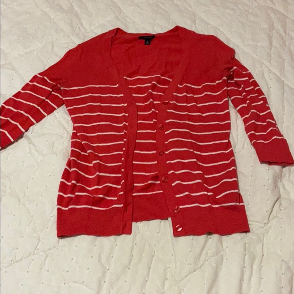 coral and white striped cardigan